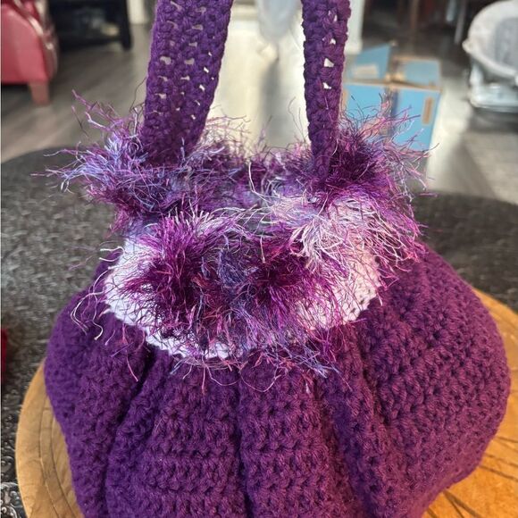 New! Handmade Crochet Round Purple Tote Bag - Picture 6 of 6